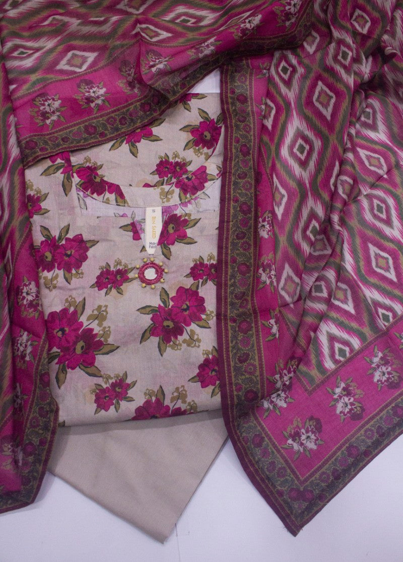 3 Piece Printed Stitched Pink Color Lawn Shirt with Trouser & Dupatta