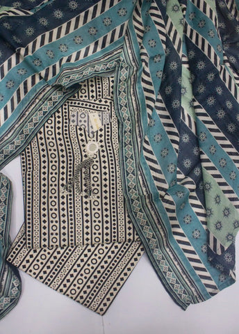 3 Piece Printed Stitched Off White Color Cotton Shirt with Trouser & Dupatta