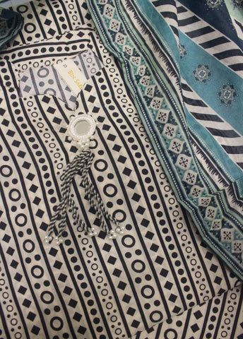 3 Piece Printed Stitched Off White Color Cotton Shirt with Trouser & Dupatta