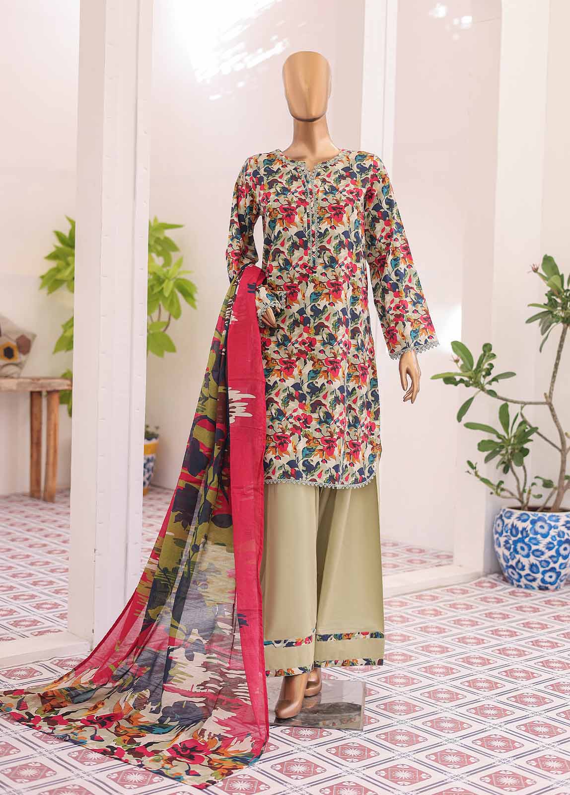 Bin Saeed Fabric - NSM-010- 3 Piece Printed Farshi Shalwar Suit