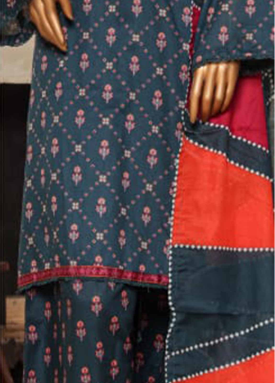 Bin Saeed Fabric - NSM-0102 F- 3 Piece Printed Farshi Shalwar Suit