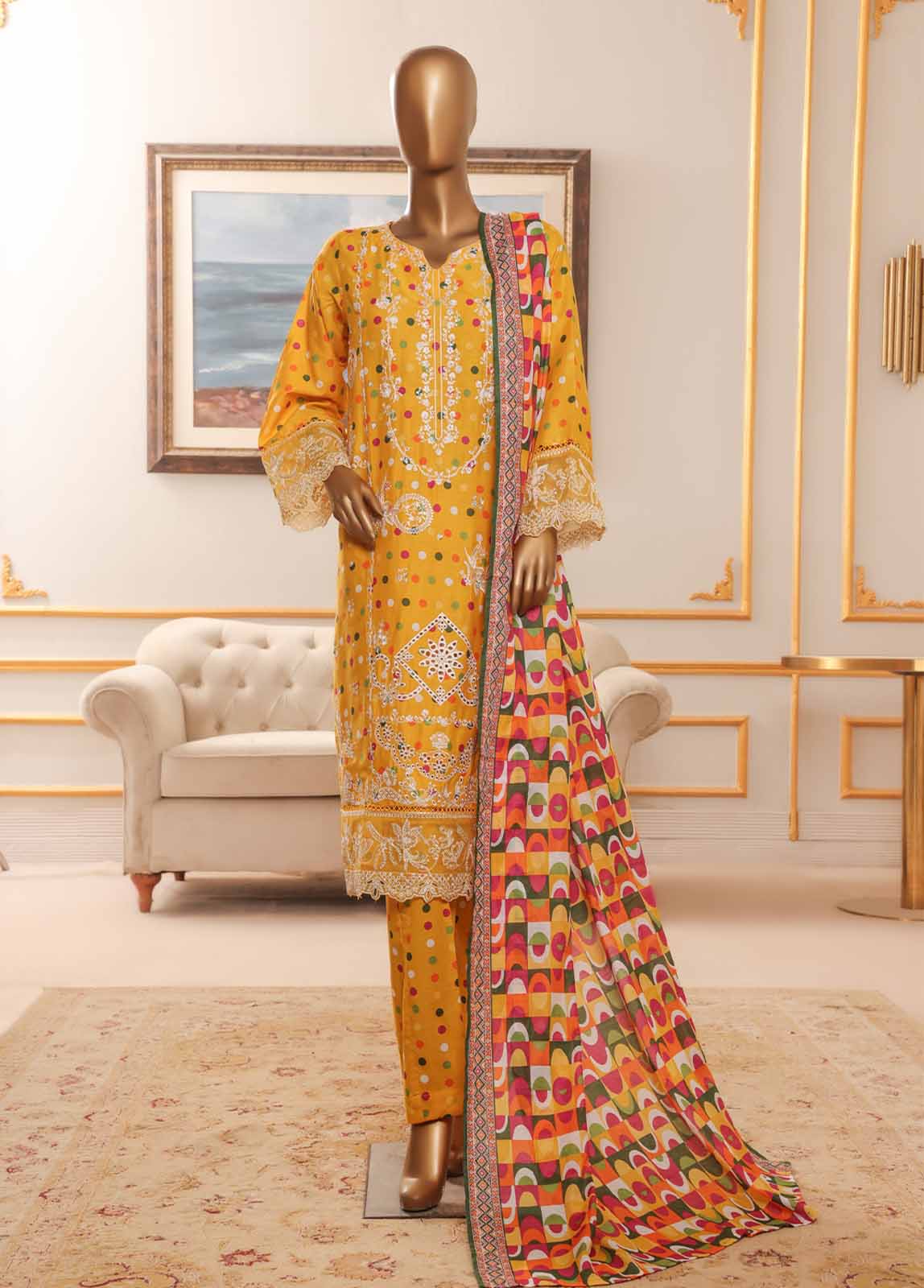 Bin Saeed Fabric - NSM-0104-EMB R-64-3 Piece Chikankari Stitched Suit