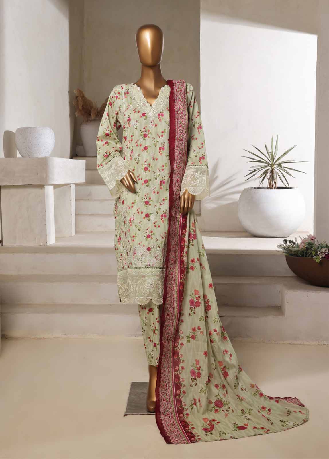 Bin Saeed Fabric - NSM-0115-EMBC-3 Piece Chikankari Stitched Suit