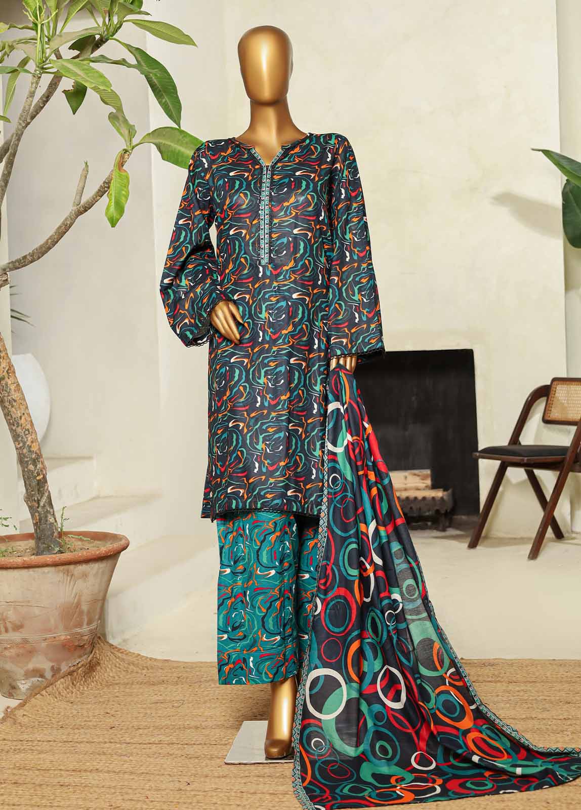 Bin Saeed Fabric - NSM-0126- 3 Piece Printed Stitched Suit farshi shalwar