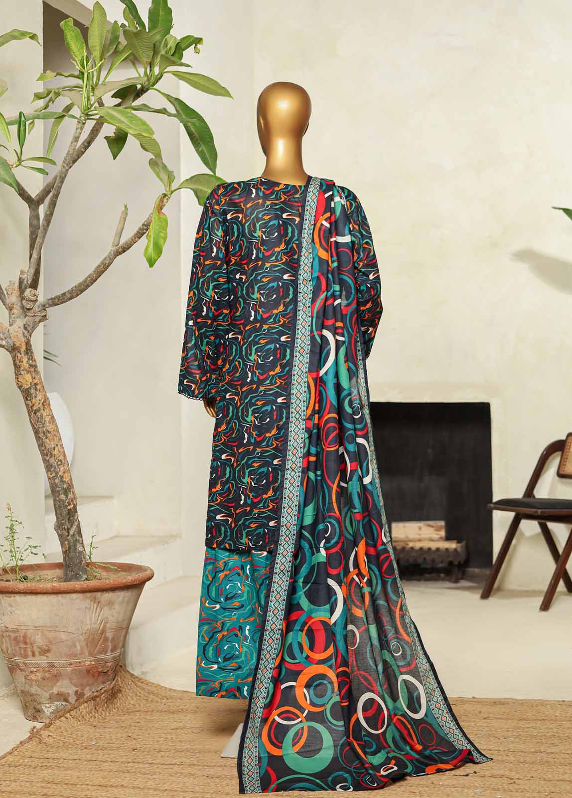 Bin Saeed Fabric - NSM-0126- 3 Piece Printed Stitched Suit farshi shalwar