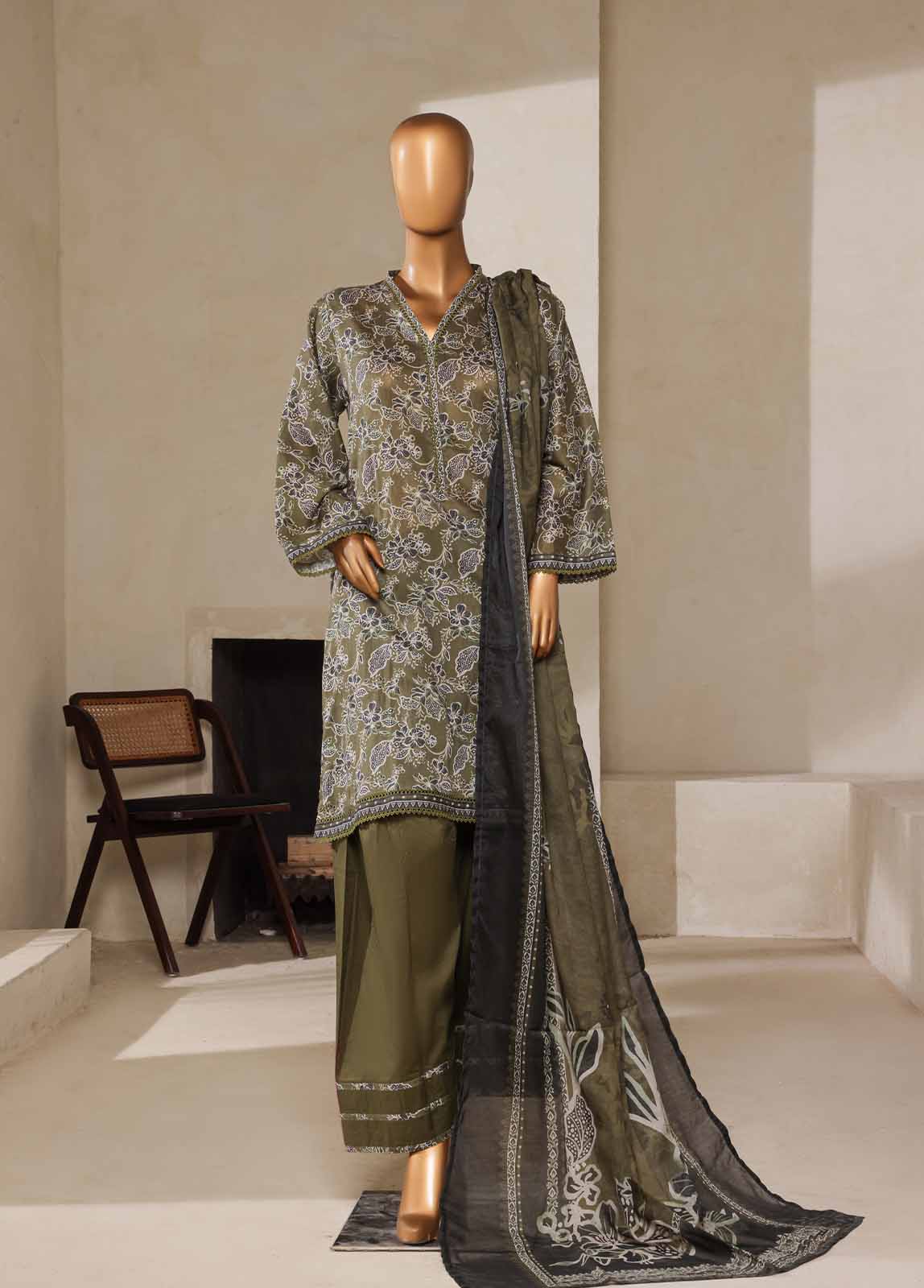 Bin Saeed Fabric - NSM-0141- 3 Piece Printed Farshi Shalwar Suit