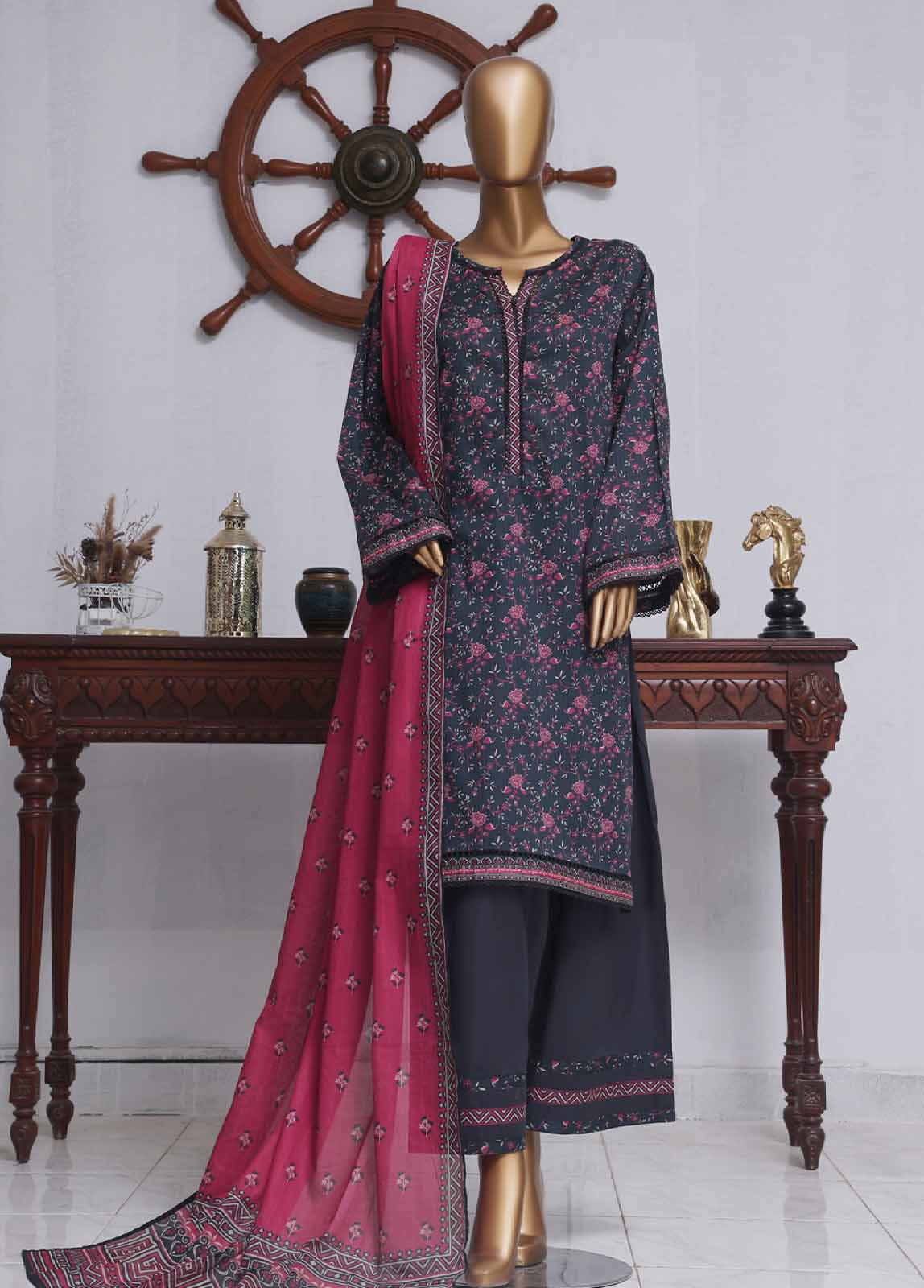 Bin Saeed Fabric - NSM-025- 3 Piece Printed Farshi Shalwar Suit