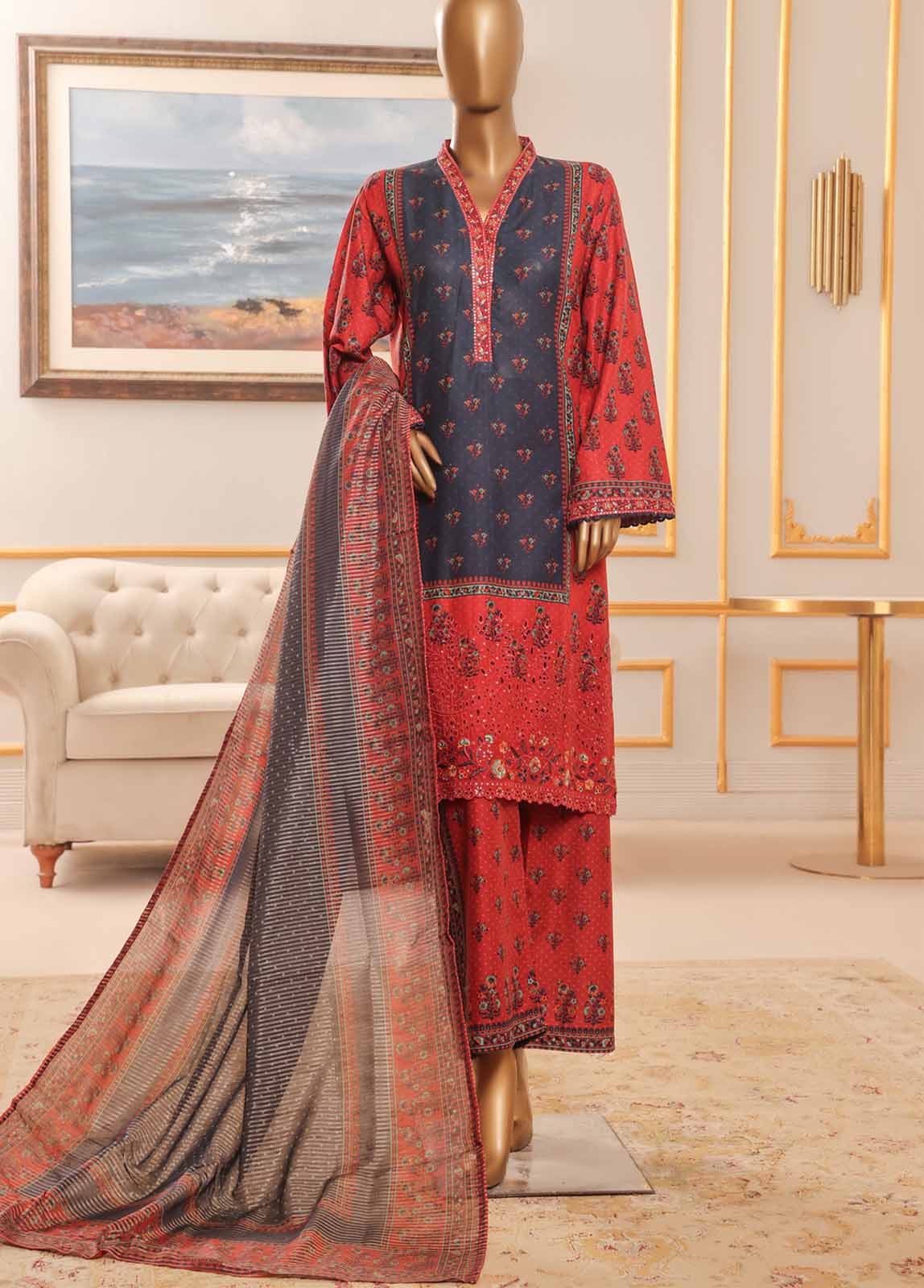 Bin Saeed Fabric - NSM-046-EMB R-64-3 Piece Chikankari Stitched Suit