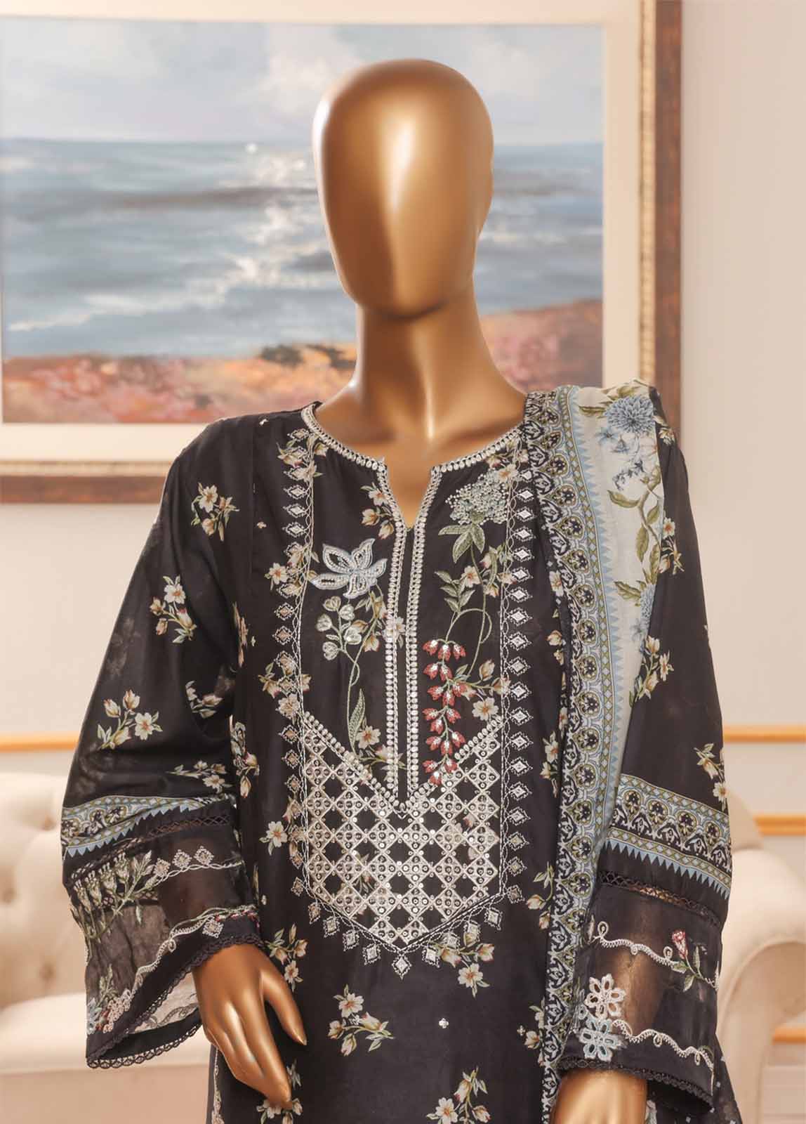 Bin Saeed Fabric - NSM-060-EMB R-64-3 Piece Chikankari Stitched Suit