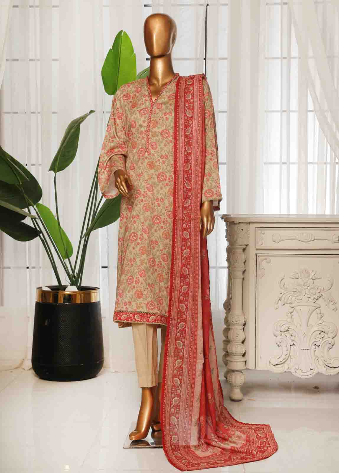 Bin Saeed Fabric - NSM-070- 3 Piece Printed Stitched Suit