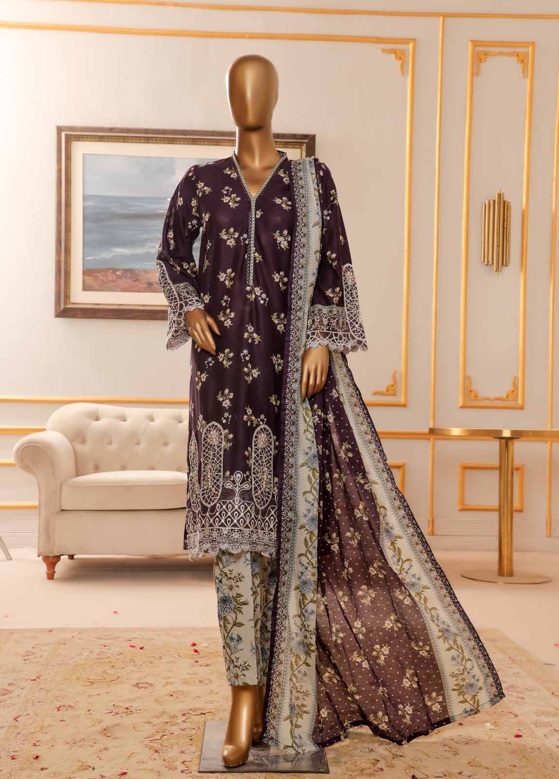 Bin Saeed Fabric - NSM-071-EMB R-64-3 Piece Chikankari Stitched Suit