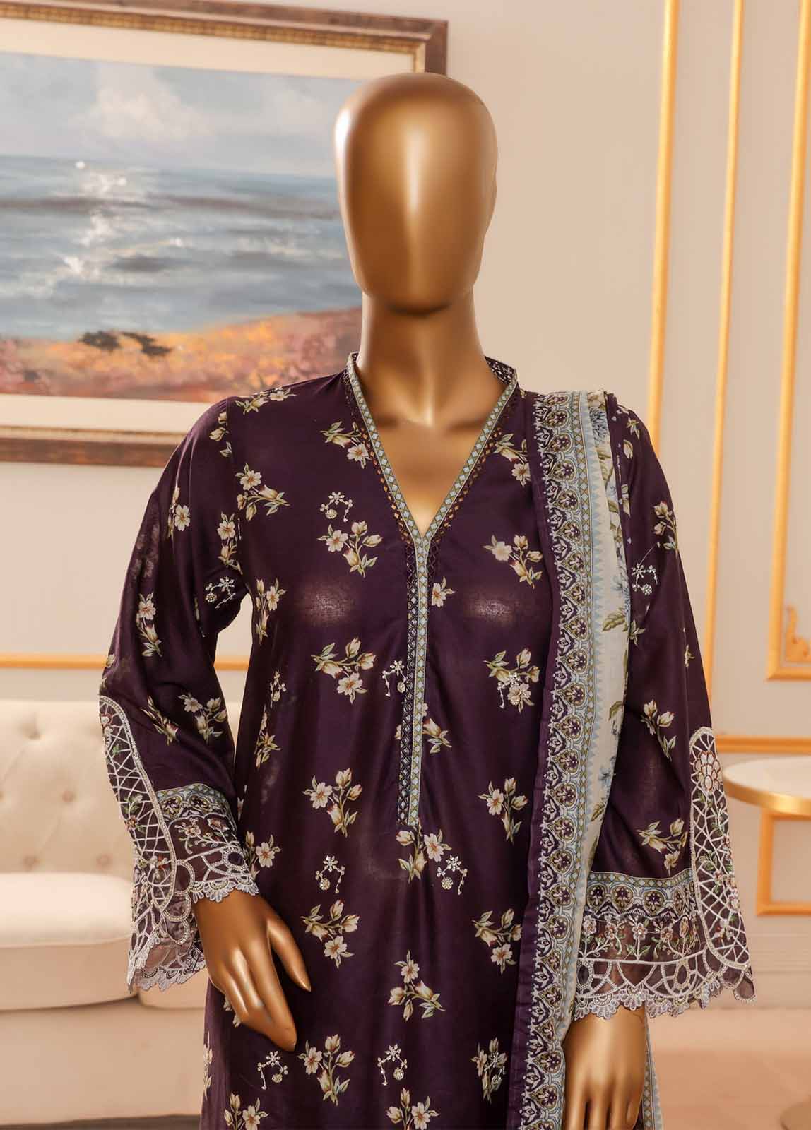 Bin Saeed Fabric - NSM-071-EMB R-64-3 Piece Chikankari Stitched Suit