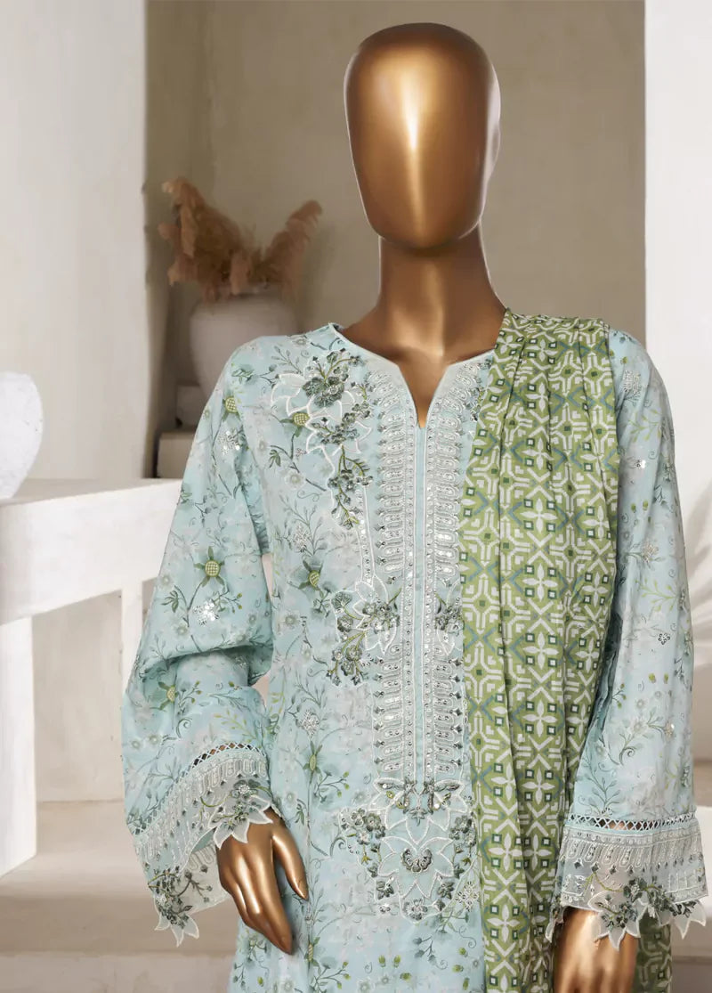 3 Piece Embroidered Ice Blue Cotton Shirt with Trouser & Dupatta
