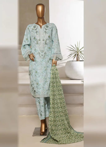 3 Piece Embroidered Ice Blue Cotton Shirt with Trouser & Dupatta
