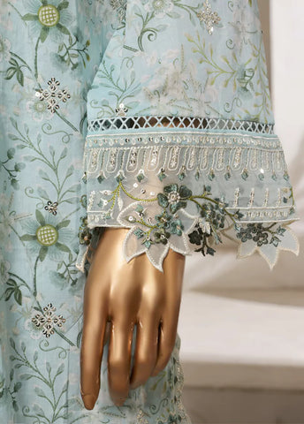 3 Piece Embroidered Ice Blue Cotton Shirt with Trouser & Dupatta