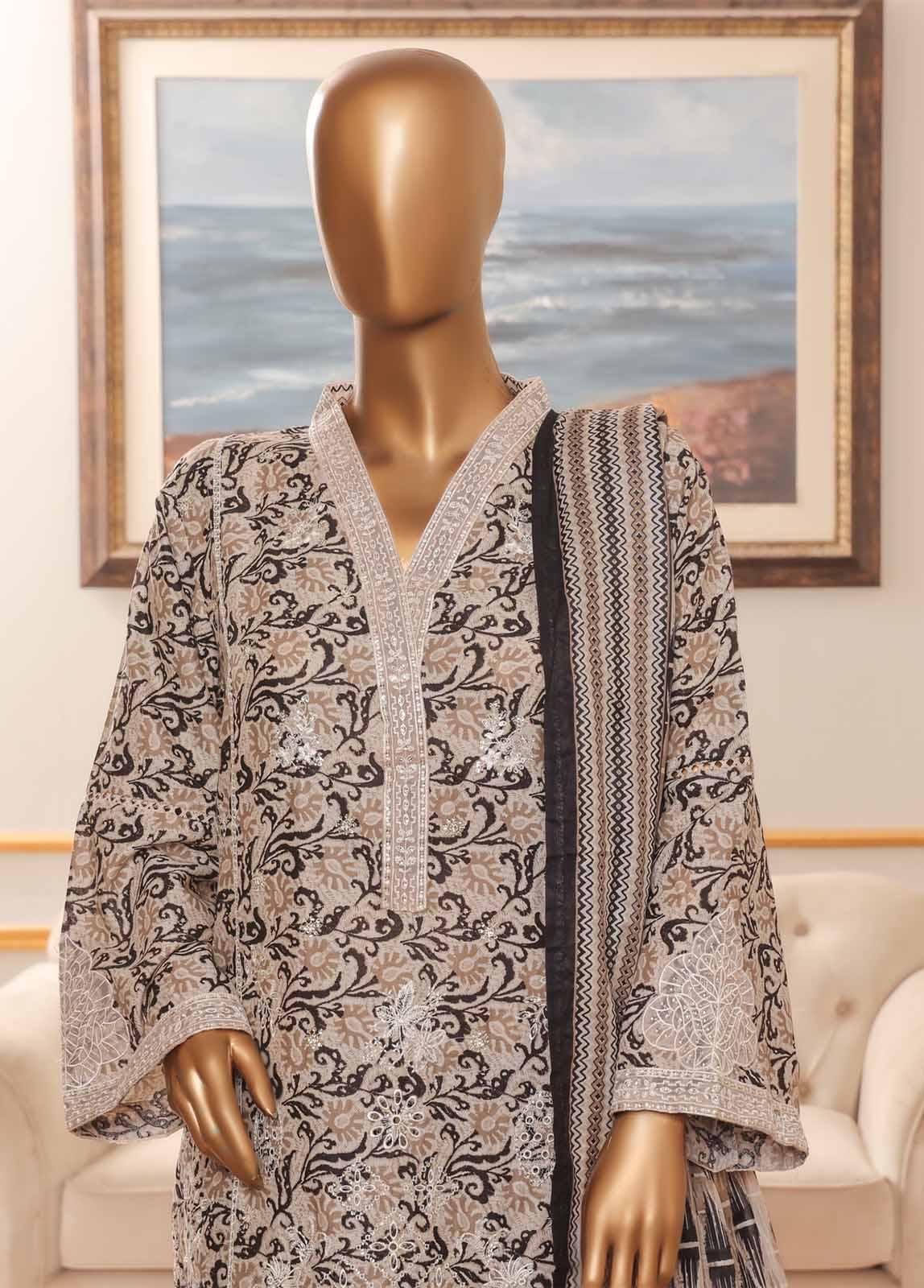 Bin Saeed Fabric - NSM-082-EMB R-64-3 Piece Chikankari Stitched Suit