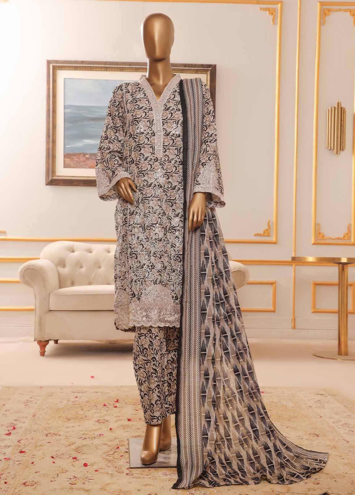 Bin Saeed Fabric - NSM-082-EMB R-64-3 Piece Chikankari Stitched Suit
