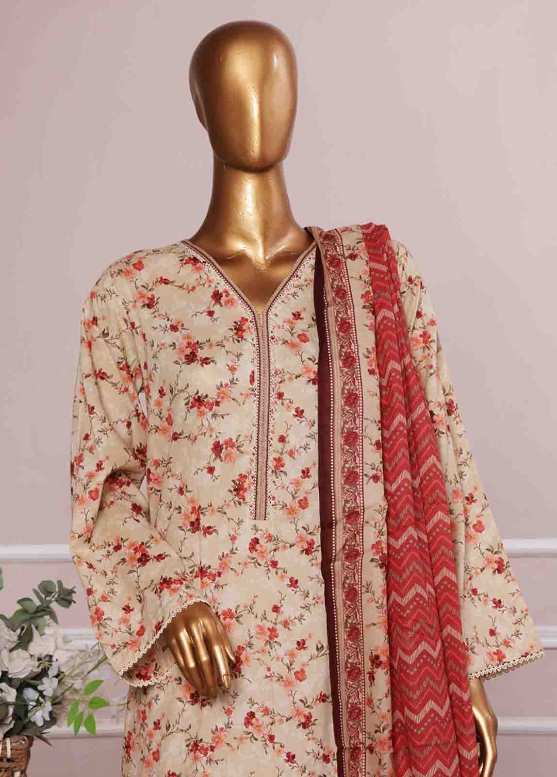 Bin Saeed Fabric - NSM-085- 3 Piece Printed Farshi Shalwar Suit