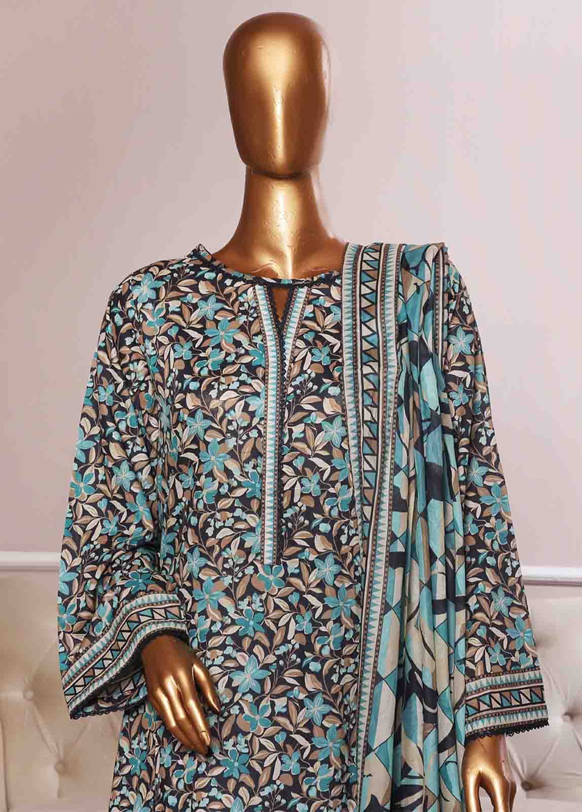 Bin Saeed Fabric - NSM-087- 3 Piece Printed Farshi Shalwar Suit
