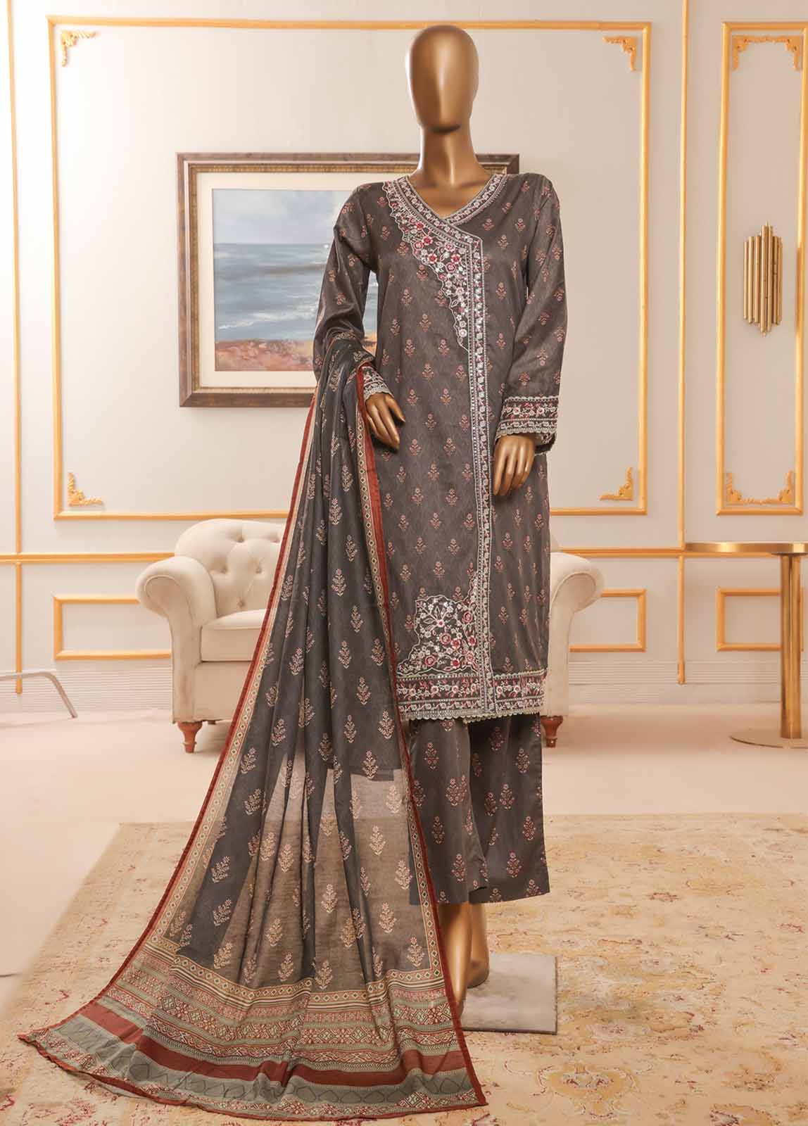 Bin Saeed Fabric - NSM-092-EMB R-64-3 Piece Chikankari Stitched Suit