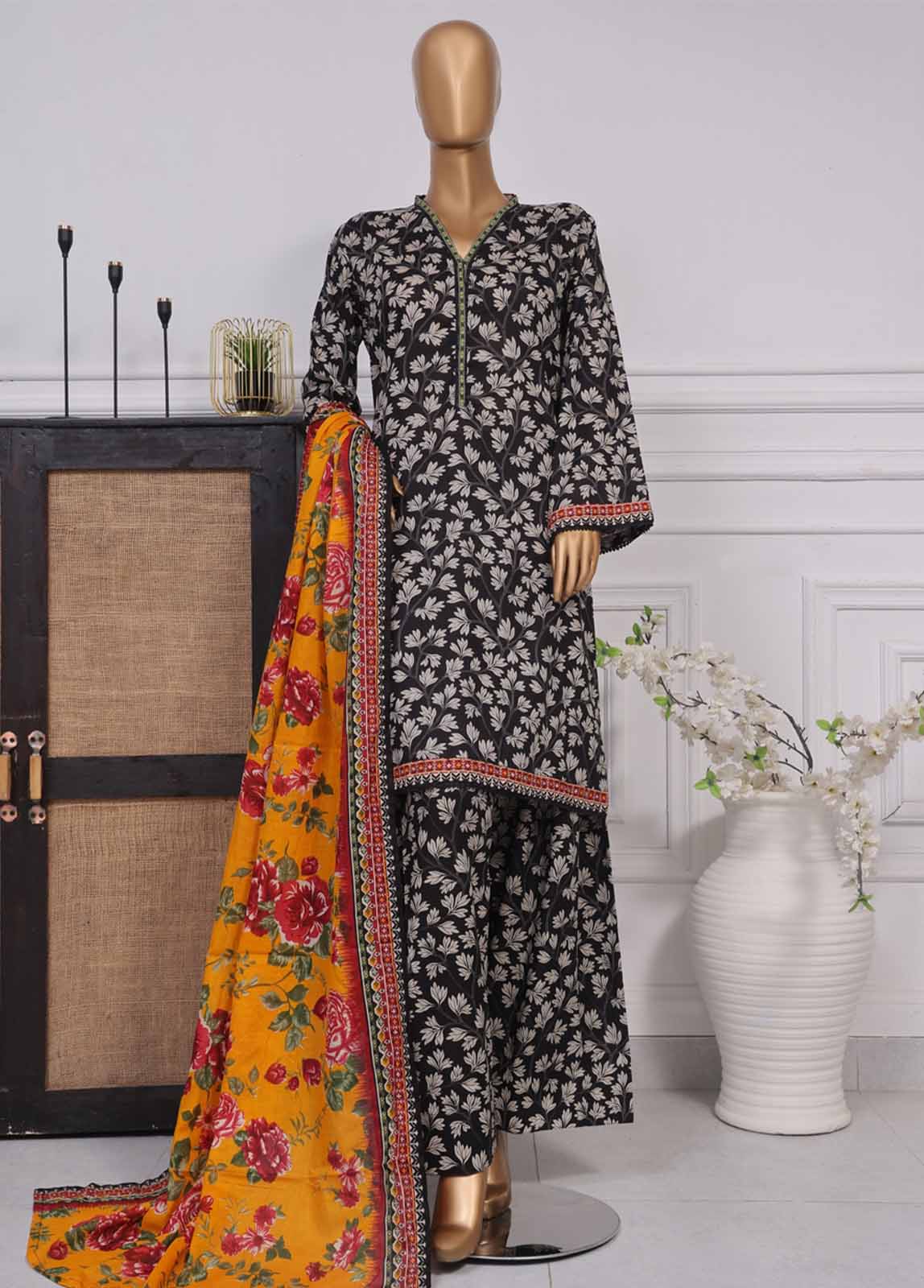 Bin Saeed Fabric - NSM-093- 3 Piece Printed Farshi Shalwar Suit