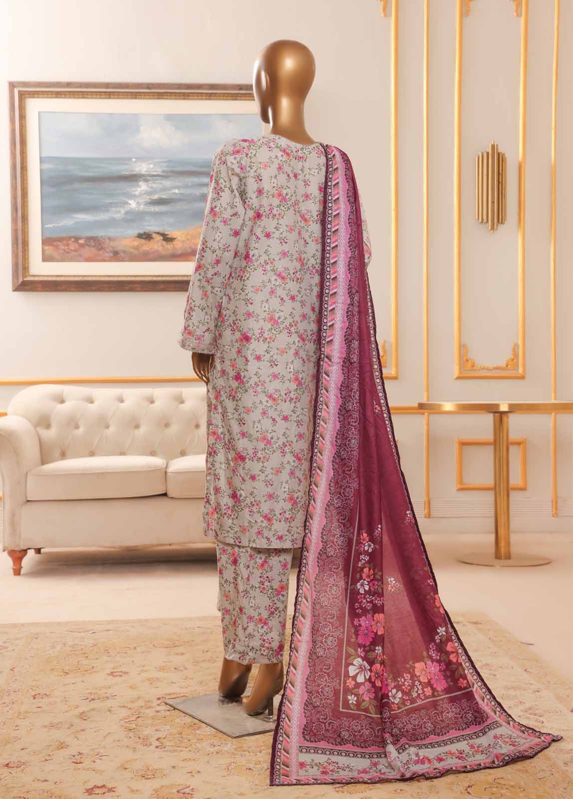 Bin Saeed Fabric - NSM-096-EMB R-64-3 Piece Chikankari Stitched Suit