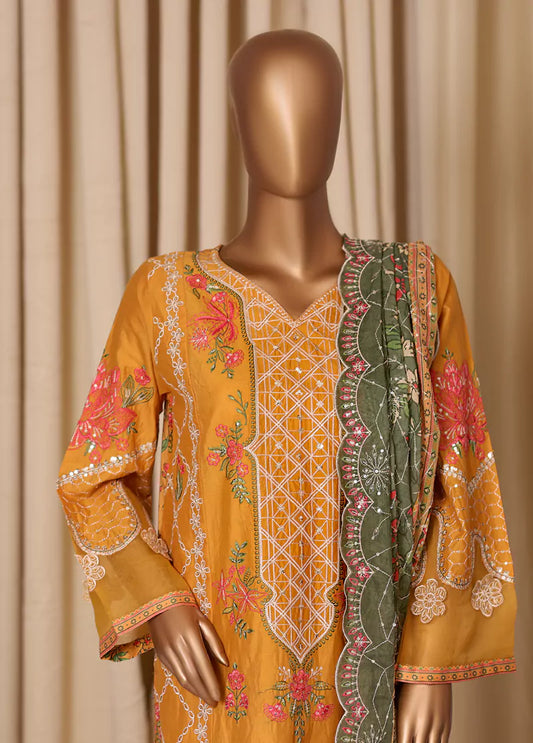 3 Piece Merigold Orange Embroidered Cotton Suit with Trouser & Dupatta