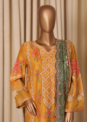 3 Piece Merigold Orange Embroidered Cotton Suit with Trouser & Dupatta