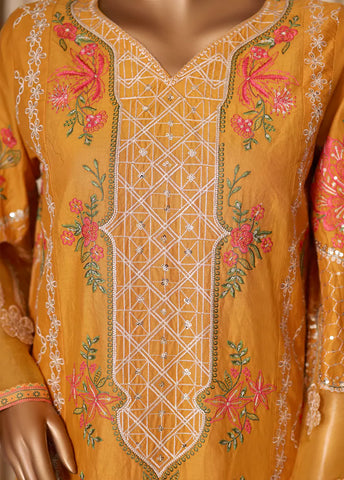 3 Piece Merigold Orange Embroidered Cotton Suit with Trouser & Dupatta