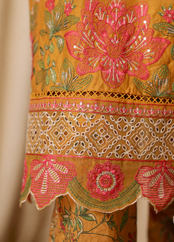 3 Piece Merigold Orange Embroidered Cotton Suit with Trouser & Dupatta