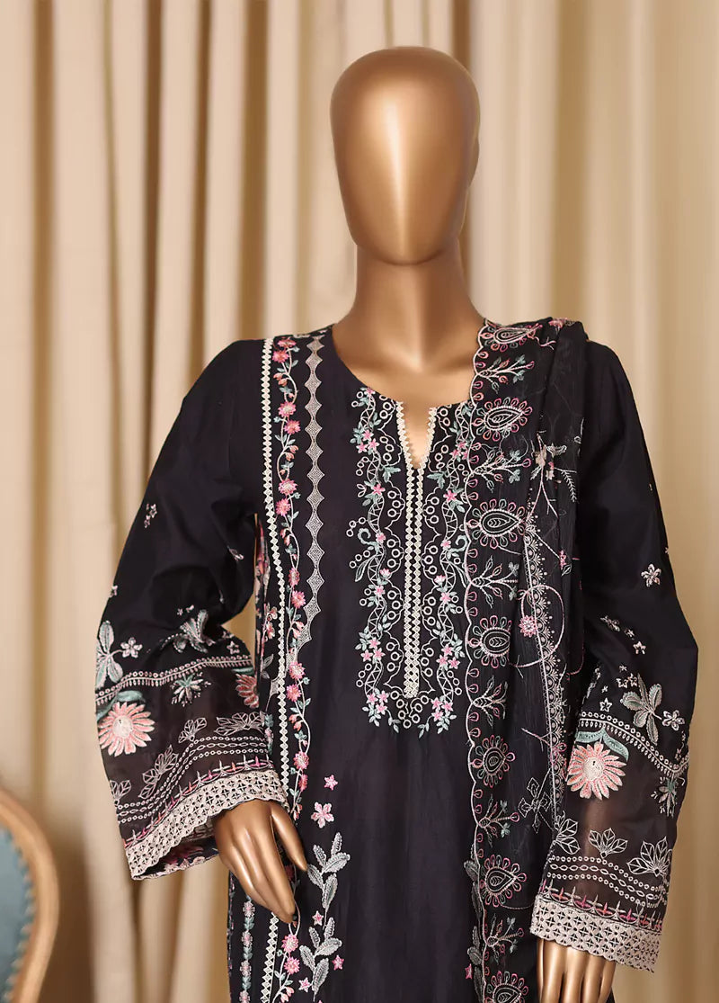 3 Piece Black Embroidered Cotton Suit with Trouser & Dupatta