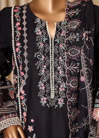 3 Piece Black Embroidered Cotton Suit with Trouser & Dupatta