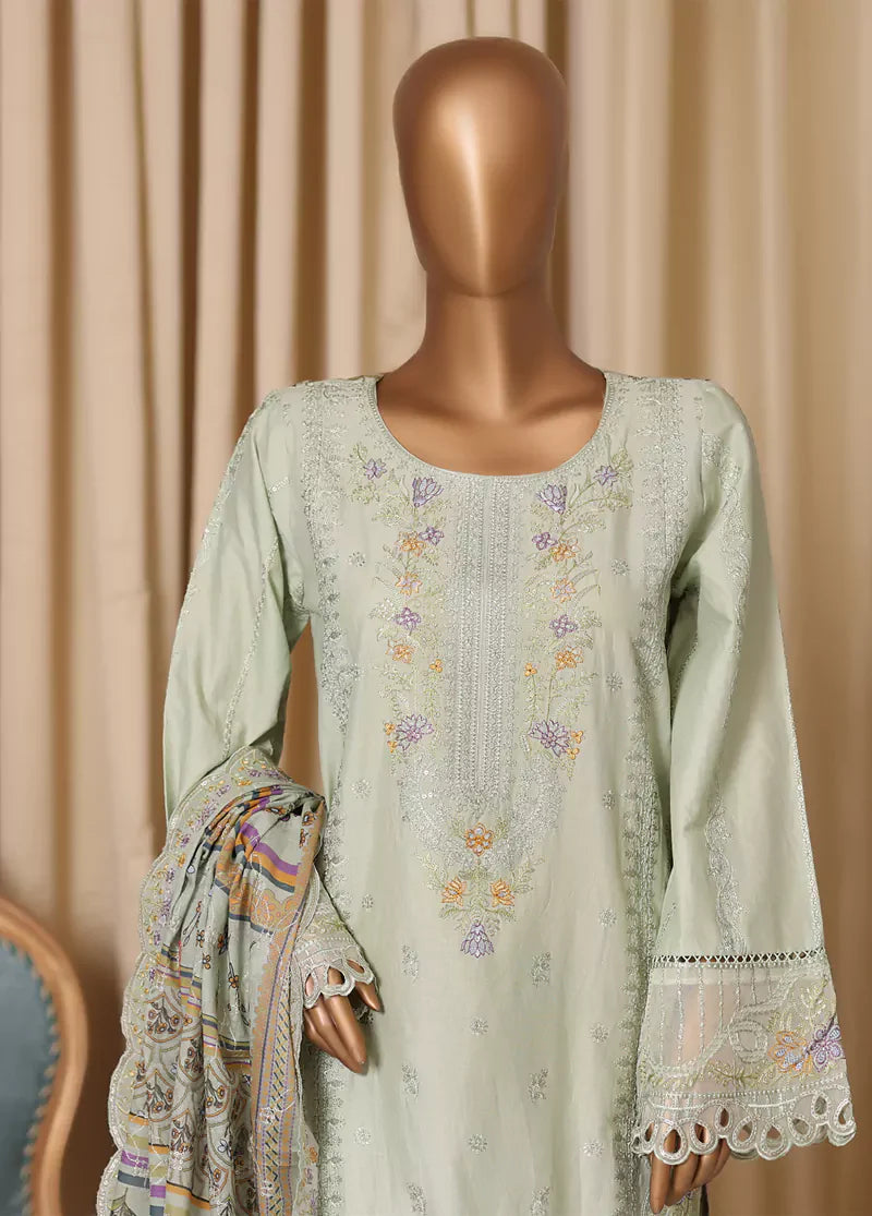 3 Piece Pistachio Green Embroidered Cotton Suit with Trouser & Dupatta