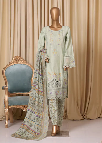 3 Piece Pistachio Green Embroidered Cotton Suit with Trouser & Dupatta