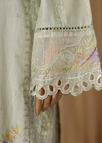 3 Piece Pistachio Green Embroidered Cotton Suit with Trouser & Dupatta