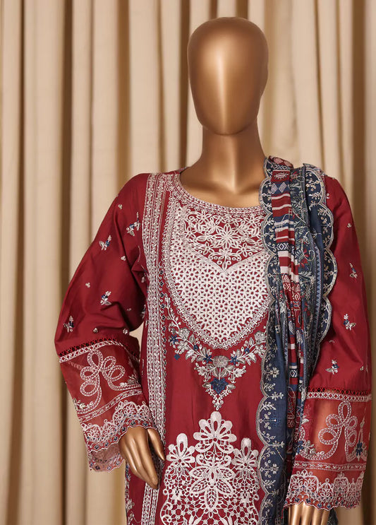 3 Piece Embroidered Red Cotton Suit with Trouser & Dupatta