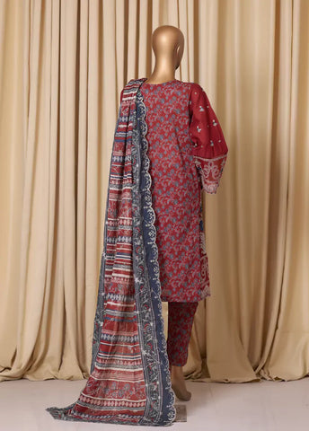 3 Piece Embroidered Red Cotton Suit with Trouser & Dupatta