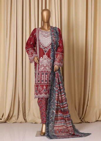 3 Piece Embroidered Red Cotton Suit with Trouser & Dupatta