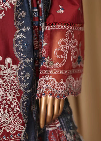 3 Piece Embroidered Red Cotton Suit with Trouser & Dupatta