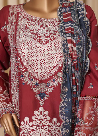 3 Piece Embroidered Red Cotton Suit with Trouser & Dupatta