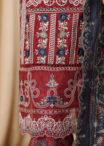 3 Piece Embroidered Red Cotton Suit with Trouser & Dupatta