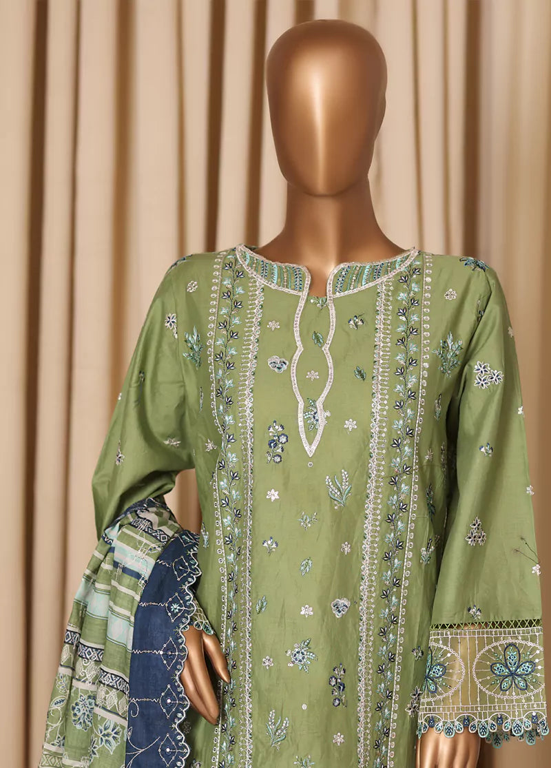 3 Piece Embroidered Lime Green Cotton Suit with Trouser & Dupatta