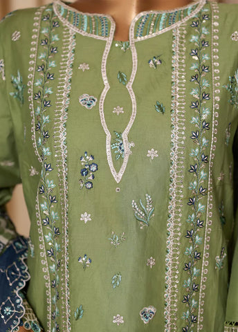3 Piece Embroidered Lime Green Cotton Suit with Trouser & Dupatta