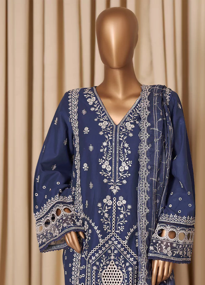 3 Piece Embroidered Indigo Blue Cotton Suit with Trouser & Dupatta