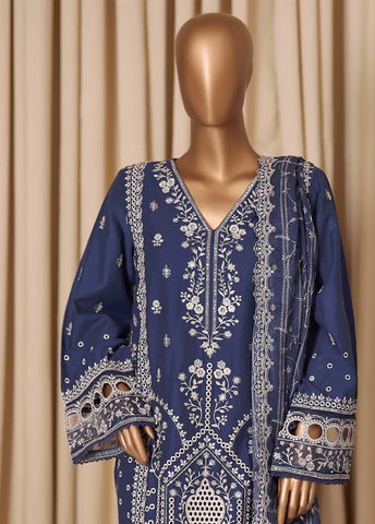 3 Piece Embroidered Indigo Blue Cotton Suit with Trouser & Dupatta