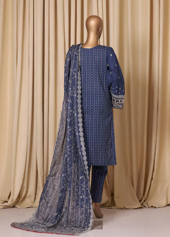 3 Piece Embroidered Indigo Blue Cotton Suit with Trouser & Dupatta