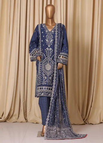 3 Piece Embroidered Indigo Blue Cotton Suit with Trouser & Dupatta
