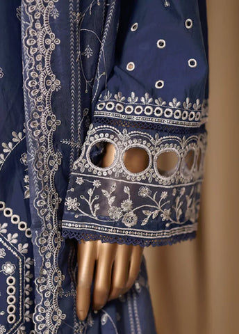 3 Piece Embroidered Indigo Blue Cotton Suit with Trouser & Dupatta