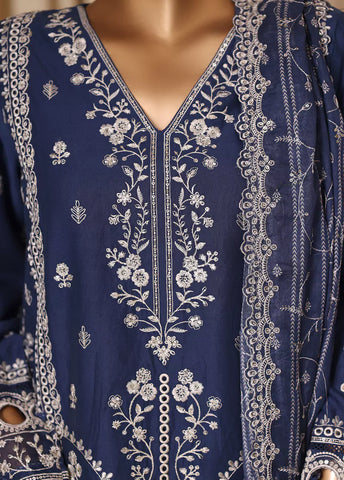 3 Piece Embroidered Indigo Blue Cotton Suit with Trouser & Dupatta