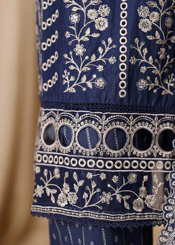 3 Piece Embroidered Indigo Blue Cotton Suit with Trouser & Dupatta